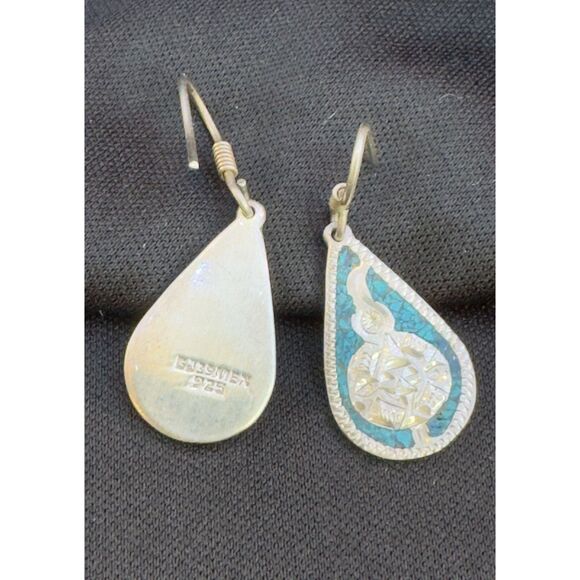 Vintage Mexican Sterling Silver Turquoise Teardrop Earrings - Picture 2 of 5